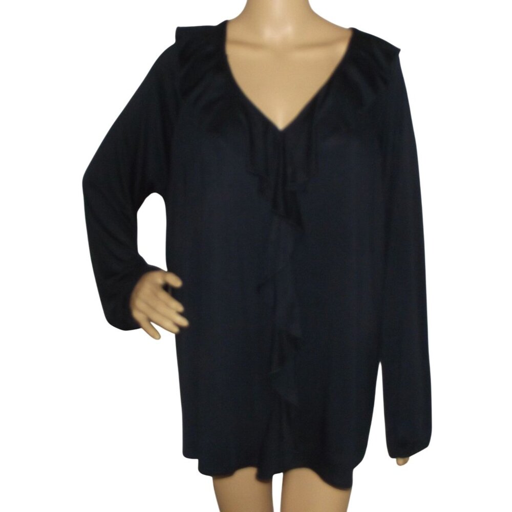 Linda Mathews Blouse 1X Top Navy Blue long sleeve tunic shirt v-neck ruffle rayo